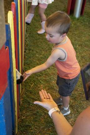 Garrett Cavallo, 2, of Branchburg feeds a goat at the petting zoo. His mother, Tanya, was handing him the food. (Photo by John Hester)