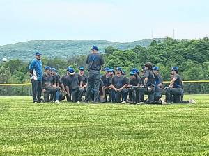 Kittatinny Regional High School baseball head coach BJ Hough, center, speaks to the players after they win the division title. Assistant coach Mike Hoffmann is at left. (Photos courtesy of BJ Hough)