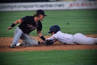 Willie Escala, an infielder for the Sussex County Miners, steals second base early in the home opener against the Tri-City ValleyCats on Tuesday, May 16. (Photos by Jay Vogel)