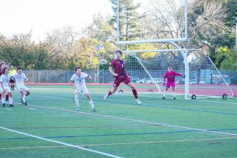 The soccer ball and a Newton Brave go airborne in the first period of the game against Jefferson at home Thursday, Oct. 17. The Falcons won, 1-0. (Photos by George Leroy Hunter)