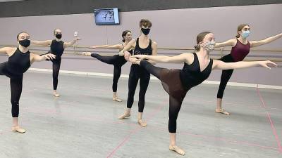 Kit Tamaki with Students of Dance Expression dance arts (from left): Alexa Gutt of Hardyston, Maya Sauer of Vernon, Meghan Mihalik of Lafayette, Ciara Brock of Vernon (student being corrected) and Sierra Trapanese of Sparta (Photo provided)