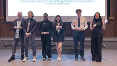 Presenters at the Skylands Research Institute symposium May 31 were, from left, Robert Ott, Chase Krisanda, Dana Dunbar, Juliette Sanchez, Nick Thomas and Jessica Rhule.