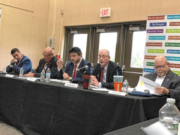 Five Republicans running for two seats on the Sussex County Board of County Commissioners participate in a candidates forum Thursday, May 16 at Sussex County Technical School. From left are Chris Carney, Alan Henderson, Robert Kovic, Harvey Roseff and Earl Schick. (Photos by Kathy Shwiff)