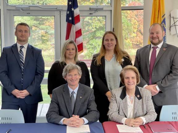 Standing left to right: Dr. Cory Homer, VP of Student Success, SCCC; Dr. Kathleen Okay, Senior VP of Academic &amp; Student Affairs, SCCC; Dr. Susan Gaulden, Interim Provost, Ramapo; and Dr. Christopher Romano, VP for Enrollment Management, Ramapo. Seated left to right: Dr. Jon H. Connolly, President SCCC and Dr. Cindy R. Jebb, President, Ramapo College.