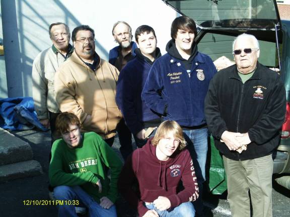 Back row, from left: Sussex Elks Lodge 2288 Exalted Ruler Fred Spages, Lodge Veterans Committee Chairman Miguel Hernandez, Newton High School Agiculture Department teacher Worth Christian, Jon Heater, senior and President of the Newton HS chapter of the Future Farmers of Americe Alex Feltwater, NJ Chairman of the Elks Veteran Leather Program Cus Dalik. Front row, from left: John Duffy and Casey Thomas.