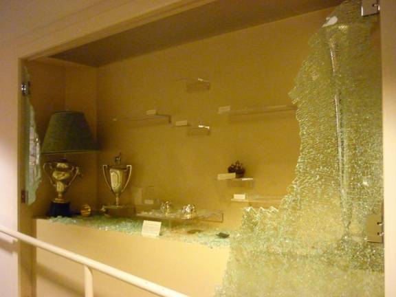 The display case at the Harness Racing Museum &amp; Hall of Fame in Goshen, N.Y., after the burglary. (Photo provided)