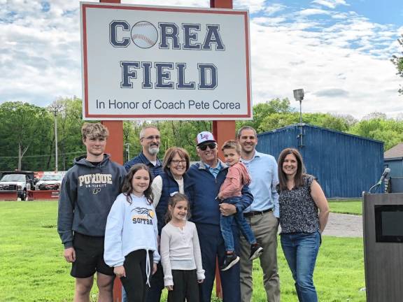 Pete Corea poses with his wife, Susan; children; and grandchildren. In back row, from left, are Corea’s grandson Noah Burmeister, son Christopher Corea, Susan Corea and Pete Corea, holding grandson Petey Corea, son Pete Corea and daughter Amy Burmeister. In front row, from left, are granddaughters Hannah Burmeister and Ellie Corea.