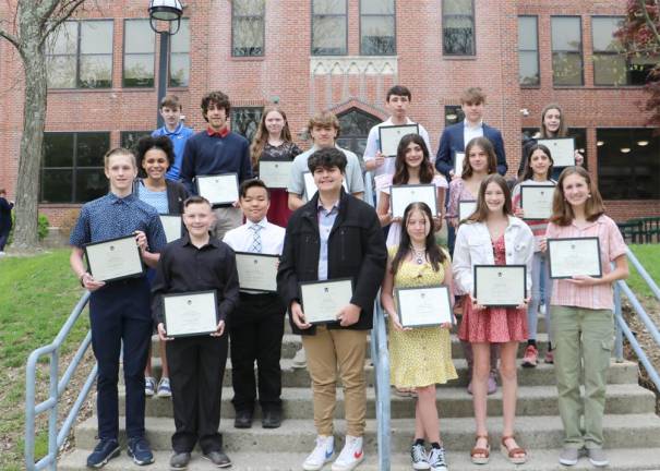 Recipients of the annual Middle School Caring Awards are, front row from left, Tyler Perry, Rocco Sandman, Aiden Aviles, Cheyenne Sherwood, Courtney Lowery and Madelyn Seifert; middle row from left, Josie Faines, Ethan Barnett, Julianna Capriglione, Natalia Thornton and Angelina Qualtieri; and top row from left, Zephaniah Klotz and Landon Sorensen. Not pictured are Ava Roopchand and Savannah Scott.