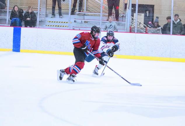 Newton-Lenape Valley's Joey Gallucci steers the puck while shadowed by Mountain Lakes' Eli Forman.