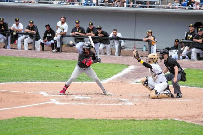 Tri-City ValleyCats batter Javeyan Williams watches the ball cross high above home plate. He scored one run.