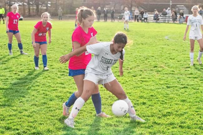 A Sussex Tech Mustang and a Kittatinny Cougar battle for control of the soccer ball Monday, Nov. 4.