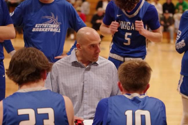 Kittatinny Regional High School head basketball coach Mike Lupo speaks to players during a timeout last year. (File photo by George Leroy Hunter)