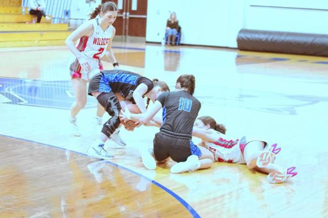 KT4 Kittatinny Cougars and High Point Wildcats battle for possession of the ball on the basketball court.