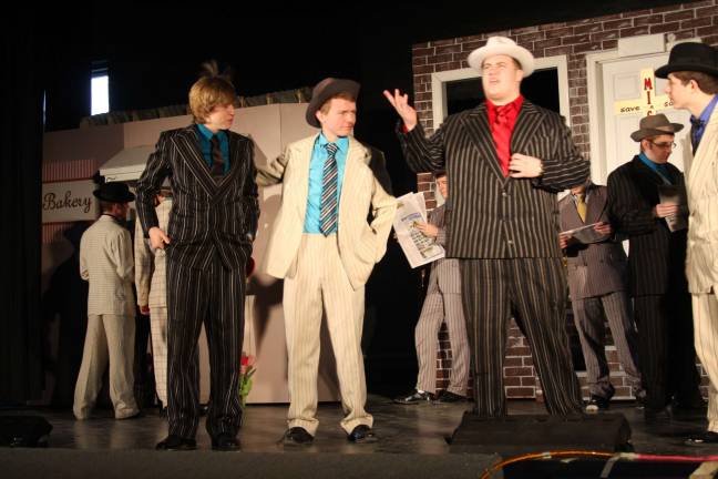Dress rehearsal for Pope John's production of 'Guys and Dolls.' Dave Ryan as Harry the Horse, Sam Smith as Benny and Kevin MCGill as Nathan Detroit. Photo by Gale Miko