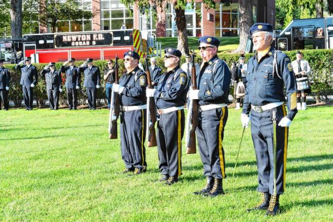 First-responders line up during the ceremony marking the 23rd anniversary of the Sept. 11, 2001, terrorist attacks.