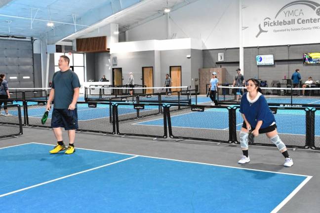 PK1 Mark Galluccio of Sparta and Traci Kostelnik of Hardyston play in the first tournament at the new Sussex County YMCA Pickleball Center in Lafayette. (Photos by Maria Kovic)