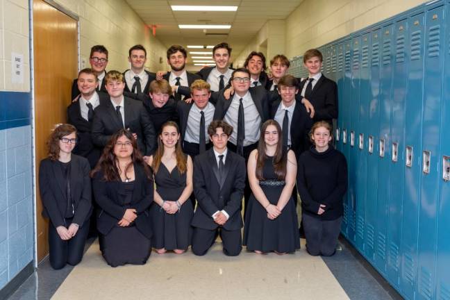 West Milford High School Jazz Ensemble. Photo by Sammie Finch - Bottom Row: Anastasia Hamlin, Ava Murphy, John Paolazzi, Jordan Keller, Katherin Garcia, AJ Jelonnek. Middle Row: Colin Iwoszczuk, Christopher Huber, Mark Sedlo, Emma Bolglozia, Mackenzie O'dell, Zachary Bidwell, Shane Duffy, Turner Darnsteat, Evon Rodel, Brennan Caulton, Declan Wallace, Michael Brigante, Evan Bonanno. (Photo by Sammie Finch)