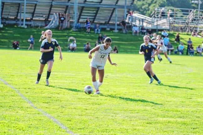 <b>NT1 Newton’s Sahara Pereira controls the ball in the girls soccer game Sept. 4 in Vernon</b>. She scored her team’s only goal. The Vikings won, 6-1. <b>(Photos by George Leroy Hunter)</b>