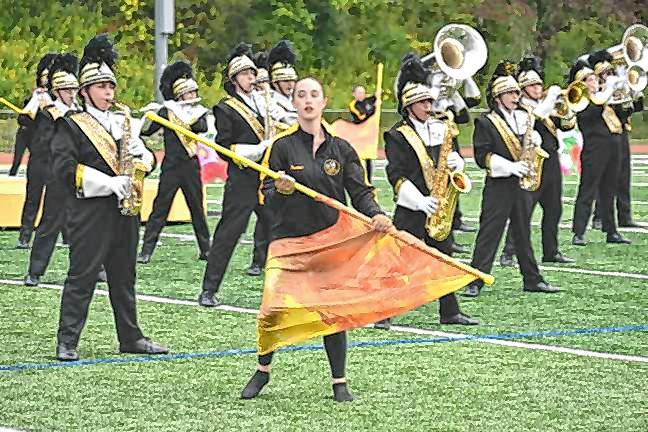 The West Milford Highlander Marching Band presents ‘The Hive’ during the second annual Highlander Marching Classic in 2023. (File photo by Rich Adamonis)