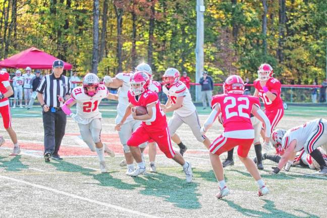 <b>Lenape Valley ball carrier Aiden Rosario finds an opening in the High Point defense.</b>