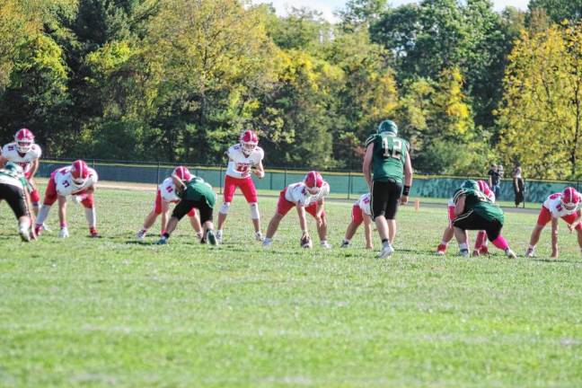 <b>The Lenape Valley Patriots and the Sussex Tech Mustangs are set for a play. (Photo by George Leroy Hunter)</b>