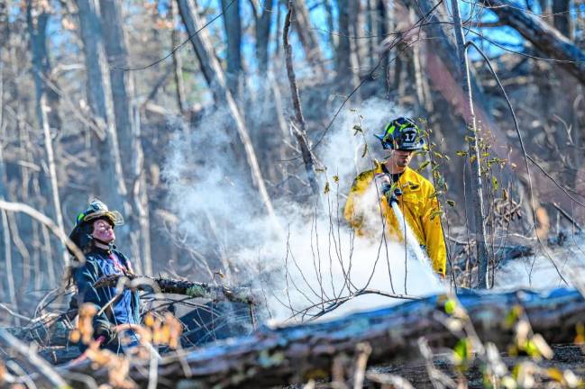 Firefighters battle the Jennings Creek Wildfire in Greenwood Lake on Tuesday, Nov. 12. (Photo by Susan Watts/Office of Governor Kathy Hochul)