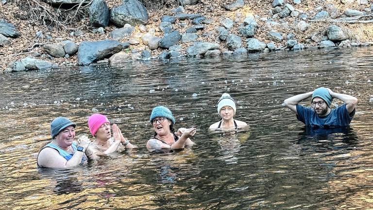 Members of the Sandyston Plunge Club take a dip in the water almost daily no matter the temperature. From left are Amanda Marra, Barbara Cooper, Lisa Hess, Allison Reynolds and Matt Studer. (Photos provided)