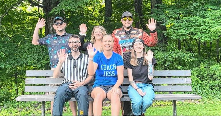 <b>The ‘Coach Jess’ Crew: In front row, from left, are Randy Stormes, Jess Magura and Kelsey Lynn Stoll. In back row, from left, are Mathew Magura, Lauren Magura and Davie Franek.</b>